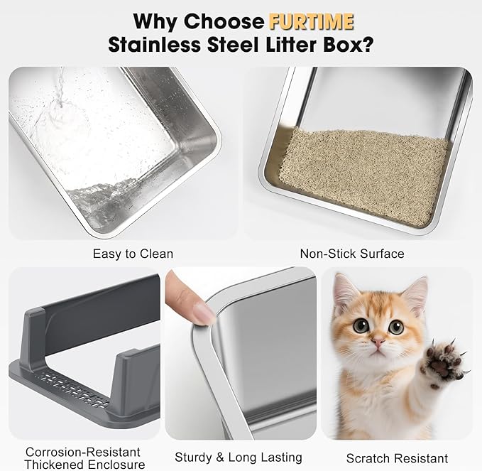 FURTIME Stainless Steel Cat Litter Box with Lid – High-Sided Metal Litter Pan for Small Cats, Kitty Litter Box Non-Stick, Odor-Resistant, Anti-Urine Leakage, Easy to Clean, Includes Scoop and Mat
