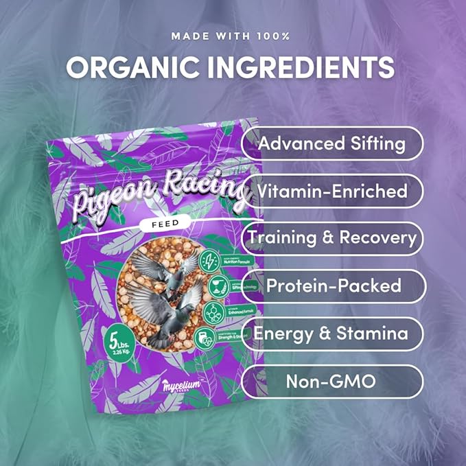 Mycelium Organic Racing Pigeon Food (5 LB Bag) | High-Protein Bird Seed with Vitamin Premix | Supports Endurance, Muscle Recovery & Flight Performance | Non-GMO, No Fillers, Made in USA