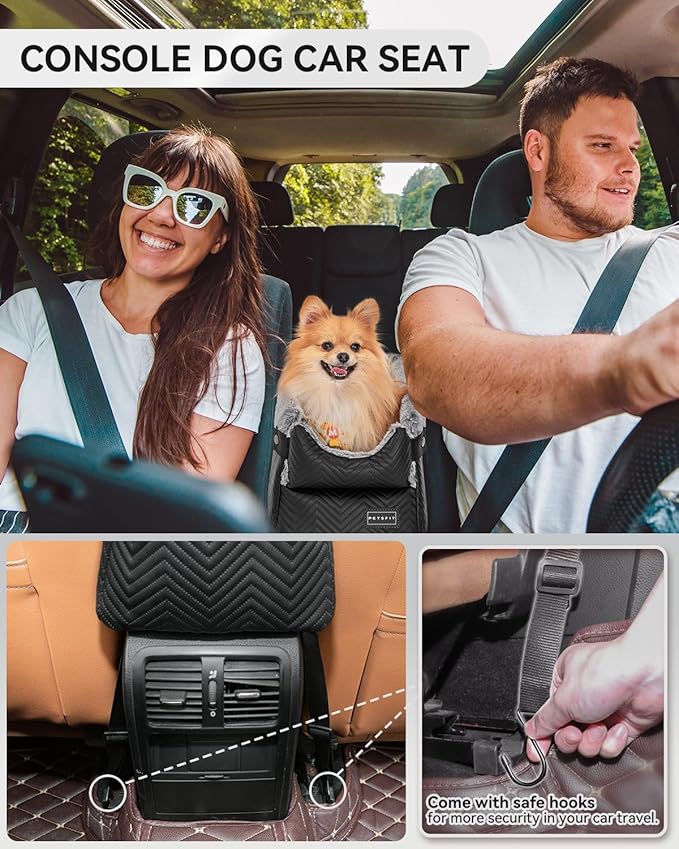 PETSFIT Center Console Dog Car Seat with Safe Protection Hooks, Pet Car Seat with Upgraded Safety Tethers, Washable Cushion, Console Dog Car Seats for Small Dogs Up to 8 Lbs(Black)
