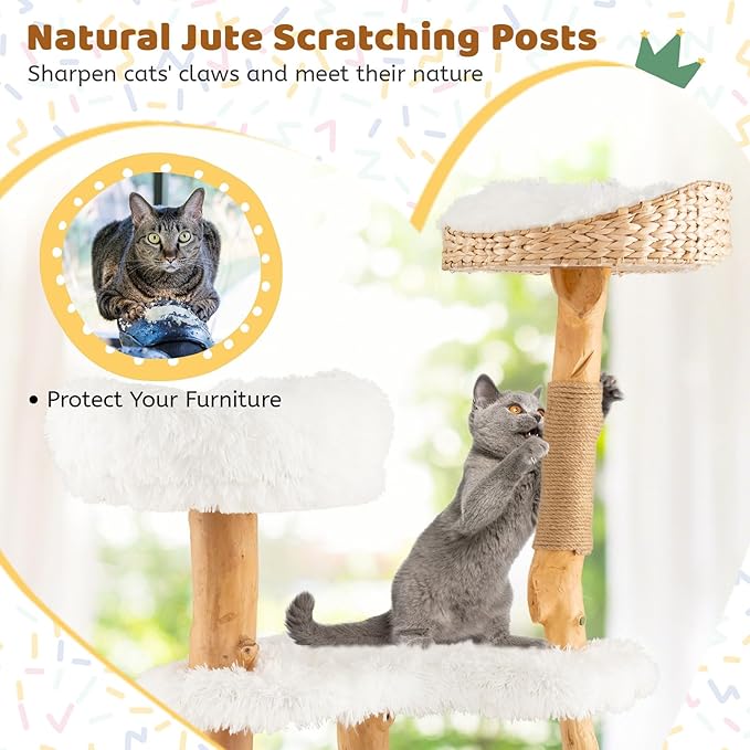 Tangkula Cat Tree Tower, Solid Wood Modern Cat Tower with Top Cattail Basket Bed, Side Perch, Large Platform & Condo, Cute Cat Tree with Scratching Posts for Indoor Cats Large Adult