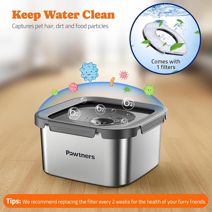 Pawtners Dog Water Bowl No Spill, 152oz/4.5L Stainless Steel Dog Floating Bowl, Slow Water Bowl for Dog with Filter, Non-Slip Base, No Splash Water Bowl for Medium Large Messy Drinkers Grey