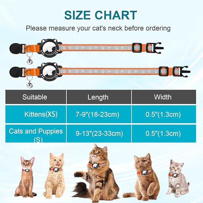 Airtag Cat Collar, Reflective Cat Collar with Apple Air Tag Holder, Breakaway GPS Tracker Pet Collar with Bell for Cat Kitten, Airtag Not Included, Orange, S(9-11 Inch)