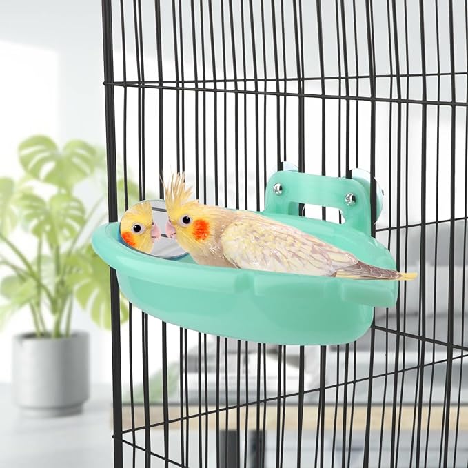 Wontee Bird Bath Box with Mirror Portable Parrot Hanging Bathroom Bathing Tub for Small Birds Cleaning Supplies (Blue(A)+Green)