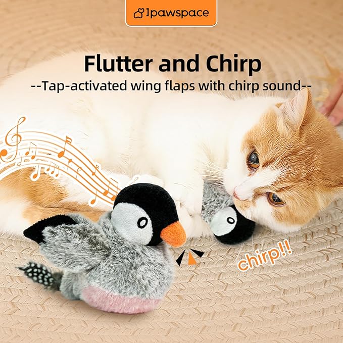 Interactive Flapping Bird Cat Toy with Catnip, Musical Sound (can Turn Off), Satisfy Cat's Natural Huting Instinct, Soft Plush Washable Cover, Moving Toy for All Breeds Cats(Gray)