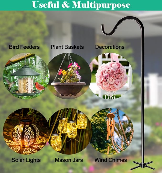 60 Inch Tall Outdoor Shepherds Hook with 5 Prong Base, Adjustable Bird Feeder Pole Hanger for Hanging Outside Birdfeeders, Plant Baskets, Lanterns, Wedding Decor