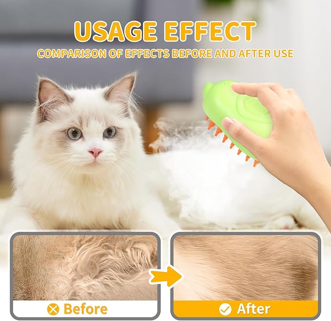 Rechargeable 3in1 Self-Cleaning Steam Grooming Brush for Cat and Dog Shedding - 2 Gears for Long/Short Hair - Green