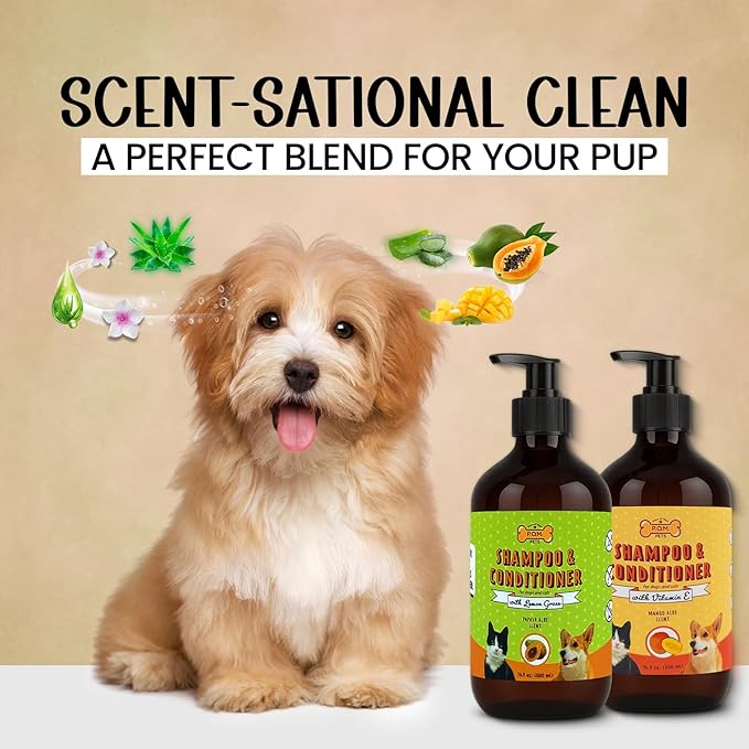 POM Pets 2 Pack 2-in-1 Organic Dog Shampoo & Conditioner – Itchy Skin Relief, Dog Deshedding, Detangles Fur, Cat Shampoo, Paw Cleaner for Dogs, Natural Coat Defense Formula