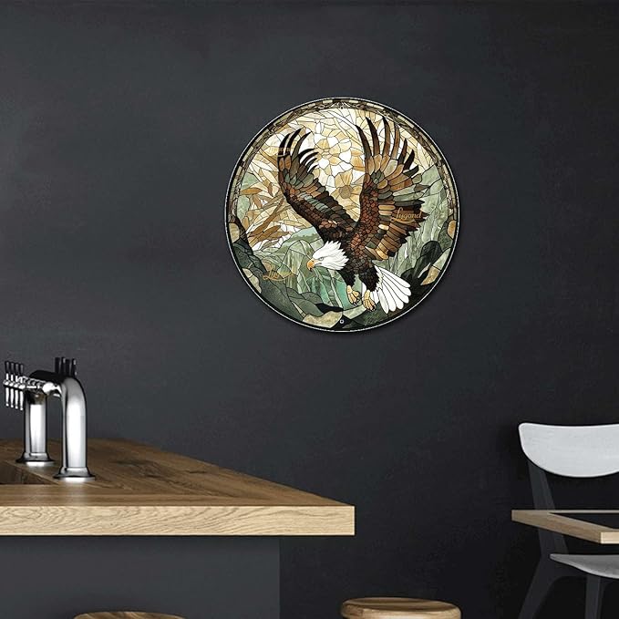 Lygond Metal Sign Tin Sign Circular Stained Glass American Bald Eagle Bar Signs for Home Bar for Club 12×12 Inches