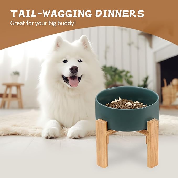 Raised Ceramic Large Dog Bowl - Heavy Weighted Dog Dish with Bamboo Stand - Elevated for Comfortable Feeding - 8.3" W x 8" H - 4.5 Cups (68 fl oz) - Green