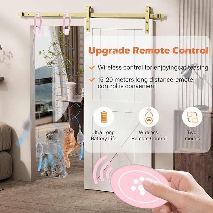 Rechargeable Electric Cat Teaser with Remote – Interactive Door Clip Toy for Cats, 2 Motion Modes (360° Spin & Irregular Jumping), Smart Auto Cat Toy for Exercise & Fun (Pink)
