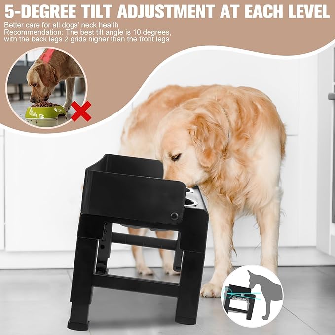 BINGPET Elevated Dog Bowls,Raised Dog Bowl,6 Heights Adjustable Stand,Non-Slip and Non-Spill Food Bowl for Small Medium Large Dogs