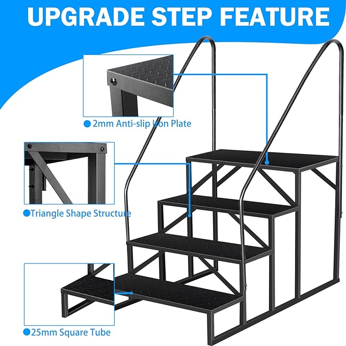 RV Step Stool, 4 Step Ladder, Hot Tub Steps with Handrail, Portable Pool Ladder, 660Lbs Heavy Duty Ladder Shelf Outdoor Mobile Home Stairs for Camper/Porch/SPA Pool/Pet Stairs(2 handrails)