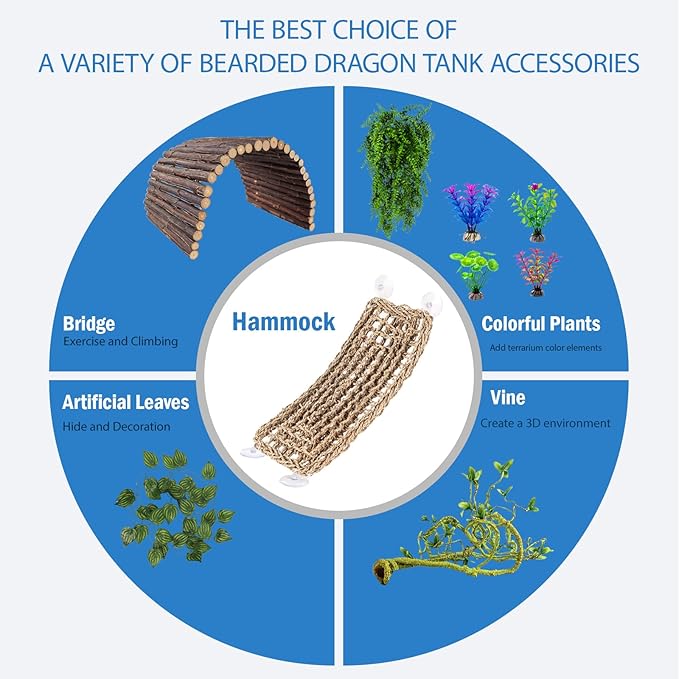 HERCOCCI Bearded Dragon Tank Accessories, Reptile Bridge Hammock Plants Jungle Climbing Vines Terrarium Decor for Bearded Dragon Snake Gecko Lizard
