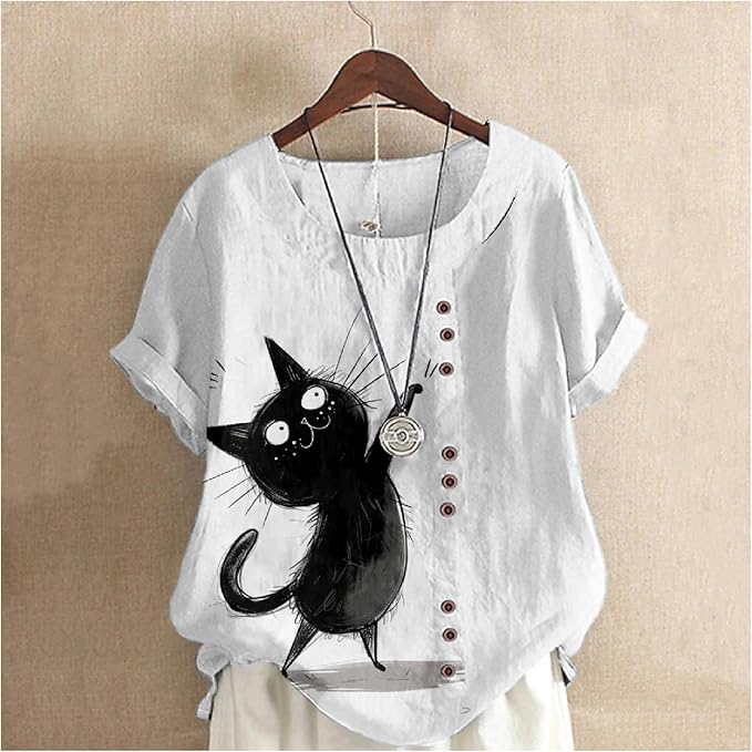 Japanese Print Women Summer Shirts Flower Bird Graphic Plus Size Tunic Tops Crewneck Short Sleeve Blouses