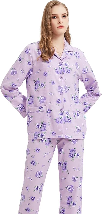 GLOBAL Flannel Pajamas for Women 2-Piece Comfy and Cozy Flannel Pj Set Cotton Loungwear