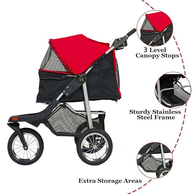 VIAGDO Premium Heavy Duty Dog Stroller for Small Medium Dogs & Cats, 3-Wheel Pet Stroller, Foldable Cat Strollers with Suspension System/Link Brake/One-Hand Fold, Max. Loading 55 LBS Black Red