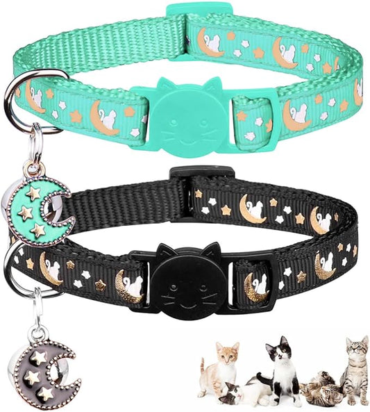 2Pcs Breakaway Cats Collars Cat Collars for Boy & Girl Cats Adjustable Kitten Collars with Bell,Black+Teal,8"-13.1"
