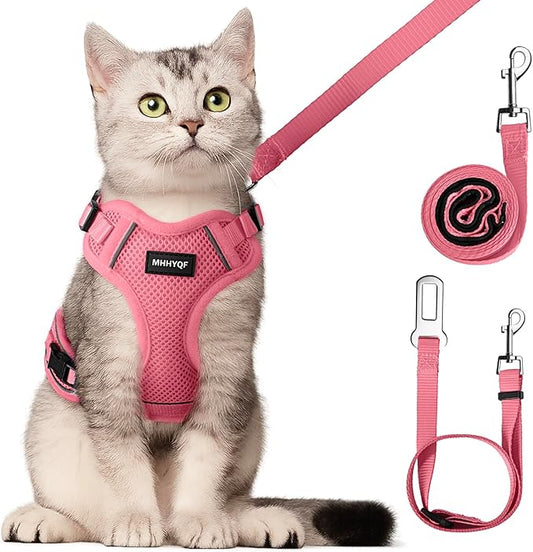 Cat Harness, Cat Harness and Leash Set, Soft and Breathable Vest with Reflective Strip, Anti Escape Adjustable Easy to Wear for Walking and Traveling, Pink, M