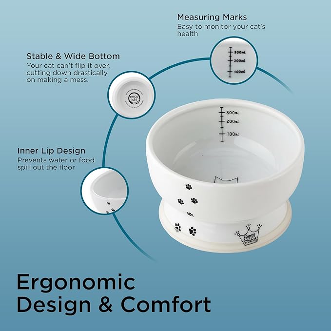Necoichi Elevated Cat Water Bowl – Ceramic Raised Cat Bowl, Prevents Neck & Whisker Fatigue – Dishwasher & Microwave Safe – Pet Water Bowl for Cats (Cat, Regular)