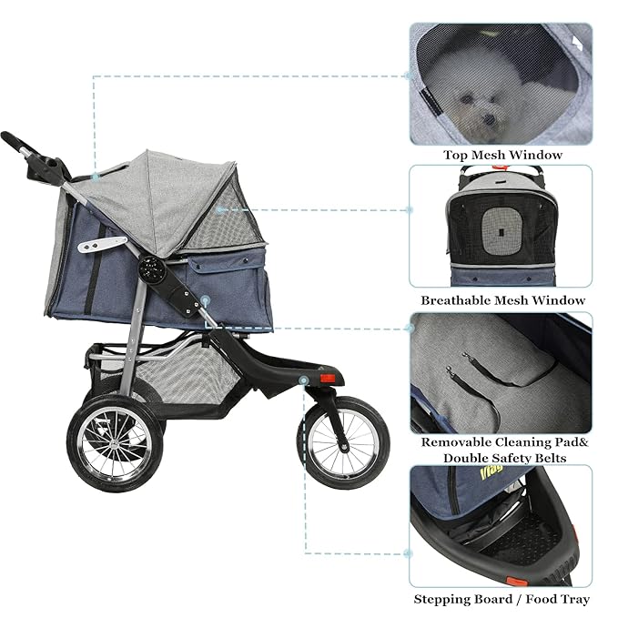 VIAGDO Premium Heavy Duty Dog Stroller for Small Medium Dogs & Cats, 3-Wheel Pet Strollers, Foldable Cat Stroller with Suspension System/Link Brake/One-Hand Fold, Max. Loading 55 LBS