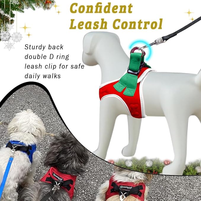 Comfort Fit Christmas Step-in Dog Harness – Festive All-Weather Dog & Puppy Harness | Adjustable, Soft Padded, No-Pull Holiday Vest for Small & Medium Dogs, Easy to Put On, Secure Buckle Fit