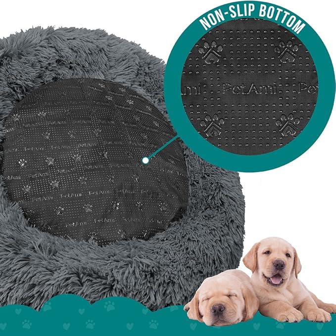 PetAmi Calming Dog Bed for Small Medium Dog Cat, Round Donut Washable, Fluffy Faux Fur Plush Cuddler Pet Kitten Cushion, Anti-Slip, Fits up to 25 lbs, 23 inch, Dark Gray