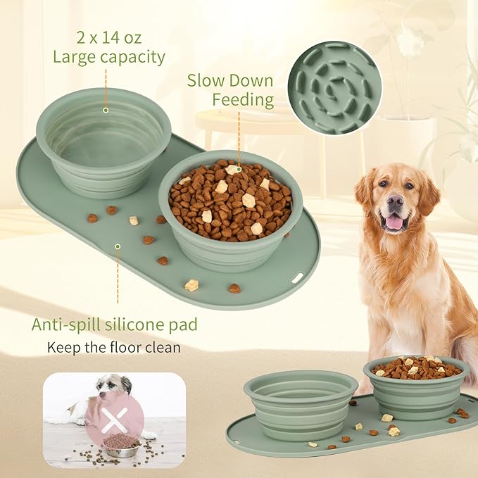 Puppy Dog Bowl,Travel Bowls Dog Food Bowls&Dog Water Bowls,No Spills,Collapsible Double Bowl,Suitable for Small and Medium Sized Dogs(Green)