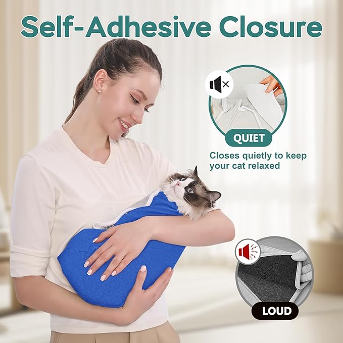 Self-Adhesive Cat Grooming Wrap, Cozy Cat Wrap for Cutting Nails, Breathable Anti-Scratch Cat Swaddle Bag for Brushing, Ear Cleaning, Dental Care, Medication, Injections, Blue S