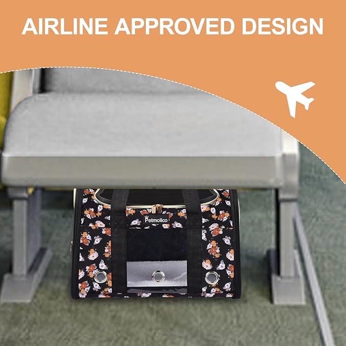 Petmolico Cat Carrier Dog Carrier, Airline Approved Soft Pet Travel Carrier with 3 Open Doors Mesh Windows for Cats Puppy 16 lbs(Large,Orange Flower)