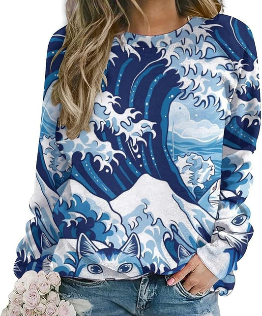 Womens Long Sleeve Tops Y2k Japanese Art Print Sweatshirts Fall Pullover for Women Crewneck Vintage Shirts Boho Tops