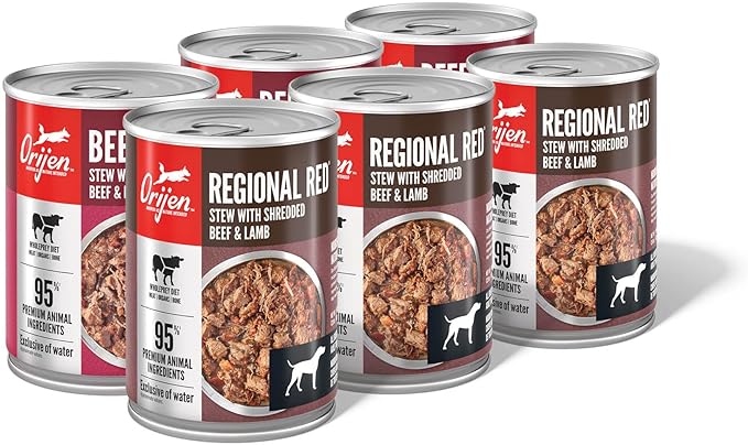 ORIJEN Real Meat Shreds Wet Dog Food Variety Pack: Regional Red + Beef Recipes 12.8oz Cans (6 Count, 3 of Each)