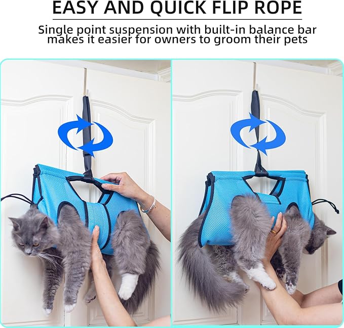Pet Grooming Hammock for 6-11 lbs Pets - Adjustable Height, Tool Bag, 30 lb Capacity, Door-Hook Hanging, Foldable, Blue
