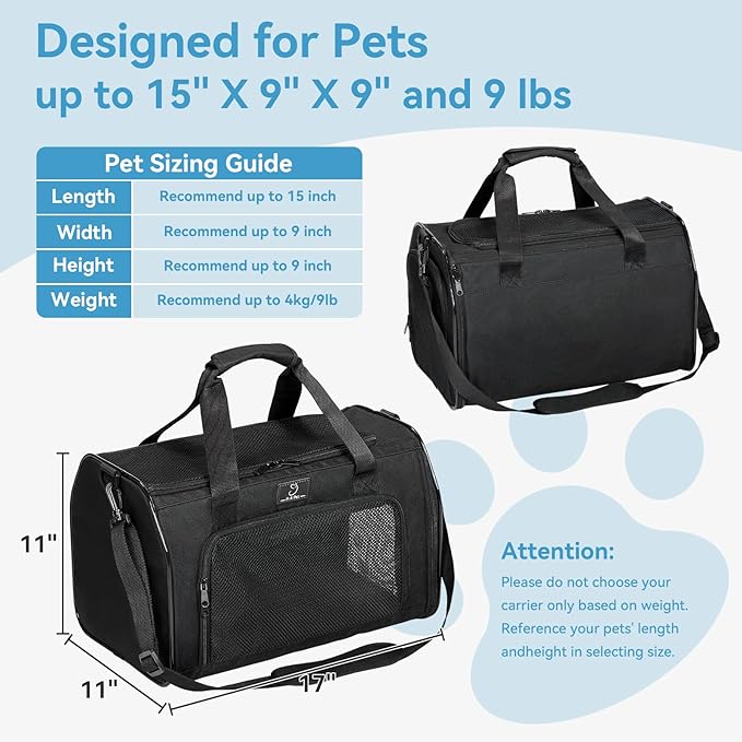 A4Pet Cat Carriers Dog Carrier Pet Carrier, TSA Airline Approved Small Dog Carrier for Cats Dogs Puppies (Up to 15lbs), Washable Soft-Sided Collapsible Travel Puppy Carrier