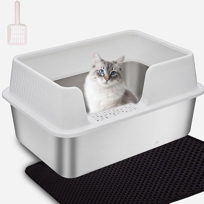 Enclosed High Sided Metal Stainless Steel Cat Litter Box with lid Scoop and Mats for Kittens or Medium Cats, Easy Clean Transparent Black Deep Tall Kitty Litter Box