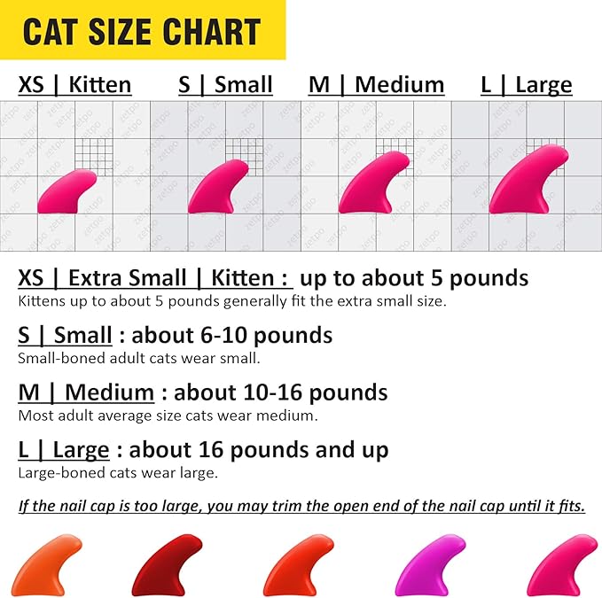 zetpo 100 pcs Cat Nail Caps | Cat Claw Covers | with Adhesives and Applicators (M, Orange, Red, Neon Red, Bright Pink, Rose)