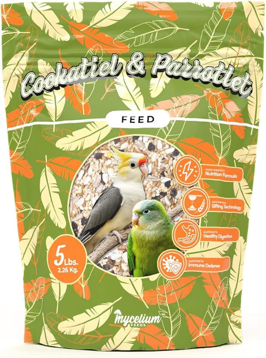 Mycelium Organic Cockatiel & Parrotlet Bird Seed (5 LBS) | Filler-Free Bird Food with Hulled Seeds for Cockatiels & Parrotlets | Supports Daily Energy, Immunity & Digestion | Non-GMO, Made in USA