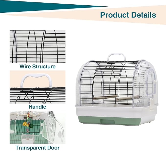 Portable Bird Cage Carrier, Travel Parrot Cage with 2 Perches, 2 Food Bowls and Tray, Metal Parakeet Cages for Small to Medium Sized Birds Cockatiels Lovebirds Canaries Budgies