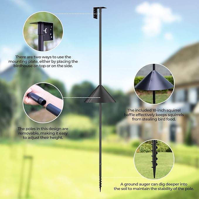 Flanagan 92 Inch Bird House Pole Mount Kit, Adjustable Heavy Duty Feeder Pole for Outdoors, Feeding Station With Squirrel Proof Baffle for Watching (House Not Included)