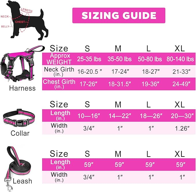 WINSEE Pet Harness Collar and Leash Set, All-in-one Reflective Dog Harness No Pull with Adjustable Buckles for Puppies, Small, Medium, Large, and Extra-Large Dogs (X-Large, Rosy)