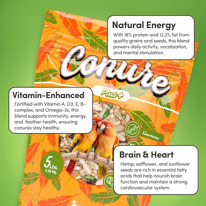 Mycelium Organic Conure Plus Feed (5 LBS) | High-Protein Bird Seed for Conures | Brain & Heart Health, Vitamin-Fortified Daily Nutrition | Omega-Rich, Non-GMO, USA Made