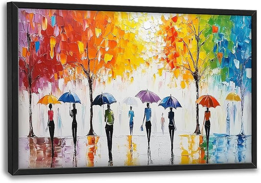 Large Abstract Tree Wall Art for Living Room, Framed Oversized People with Colorful Umbrella Wall Decor Street Canvas Painting Modern Artwork for Living Room Bedroom Office Dining Room 36"x24"