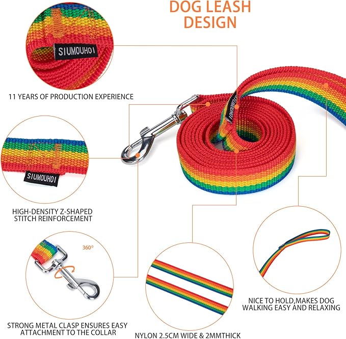 Strong Durable 6 ft Nylon Dog Training Leash, 1 Inch Wide Traction Rope, for Small and Medium Dog (Rainbow, 6 Feet)
