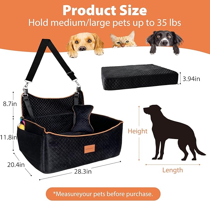 Dog Car Seat for Medium Dogs or 2 Small Dogs, Memory Foam Booster with Bonus Pillow & Removable Washable Cover, 2 Safety Leashes, Anti-Slip Base - Supports 50lbs (Black)