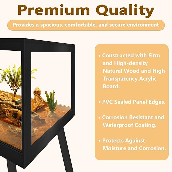 Bearded Dragon Tank with Legs Up to 77 Gallons, Tortoise Habitat with Metal Mesh Top, Reptile Enclosure Lockable Design, Snake Tank (Black, 62 Gallon, 40" L x 20" W x 47.6" H)
