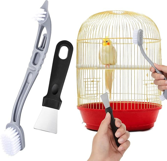 Bird Cage Cleaner with Two Brush Heads Stainless Steel Bird Droppings Cleaning Scraper Long Handle Tool for Cleaning Parrot Cages Pet Supply Cage Accessory