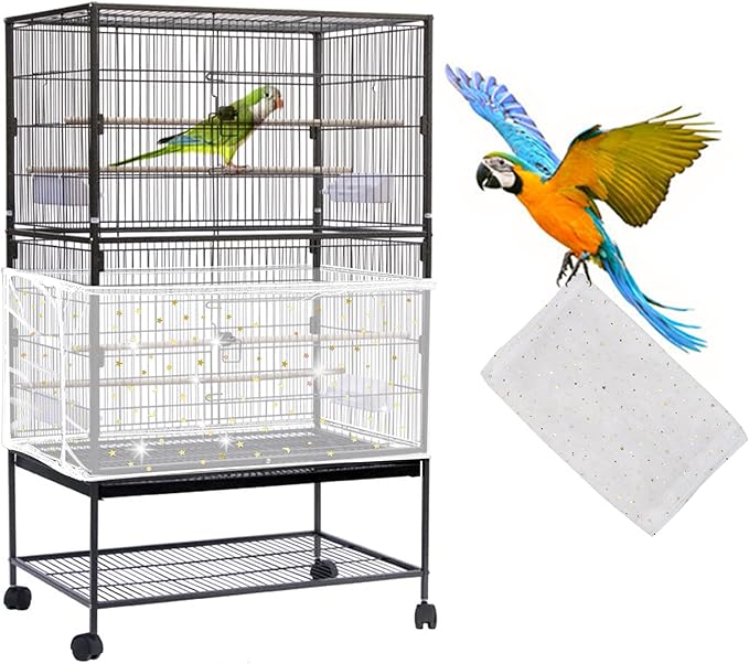 Daoeny Large Bird Cage Cover, Bird Cage Seed Catcher, Adjustable Soft Nylon Mesh Net with Twinkle Moon Star, Birdcage Cover Skirt Seed Guard for Parrot Parakeet Macaw Round Square Cages (White)