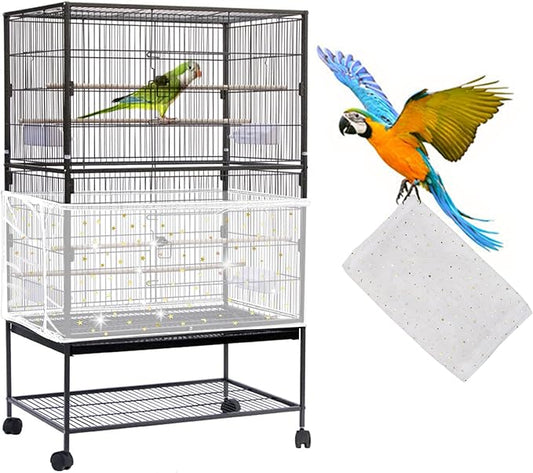 Daoeny Large Bird Cage Cover, Bird Cage Seed Catcher, Adjustable Soft Nylon Mesh Net with Twinkle Moon Star, Birdcage Cover Skirt Seed Guard for Parrot Parakeet Macaw Round Square Cages (White)