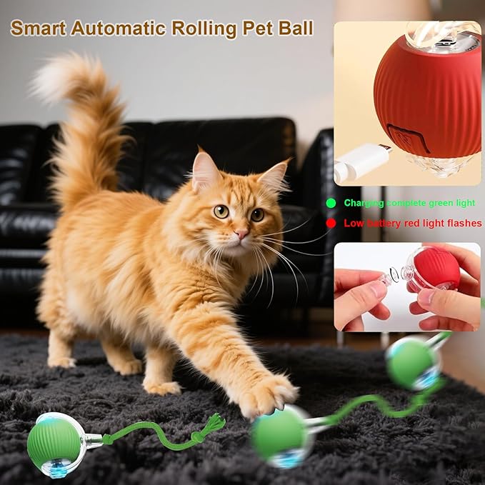 Interactive Cat Toy, 2025 New Interactive Rolling Cats Dog Toy Balls 360° Smart Automatic Rolling Pet Ball, Fast Moving Toy for Dog,Cat Ball Toy(Geen)