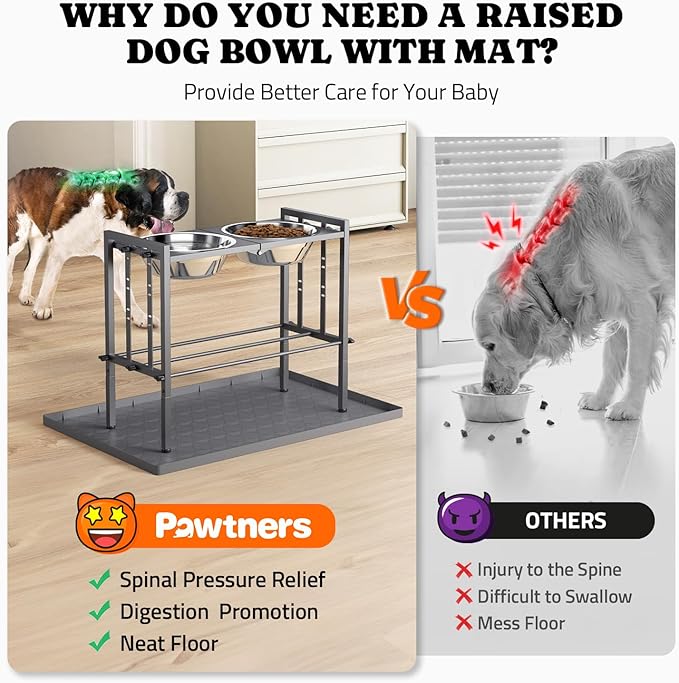 Elevated Dog Bowls - Metal Raised Dog Bowls for Large Breed with 3 Adjustable Heights, Perfect Sturdy Bowl Stands for Extra Large Sized Dogs, Grey with Feeding Mat