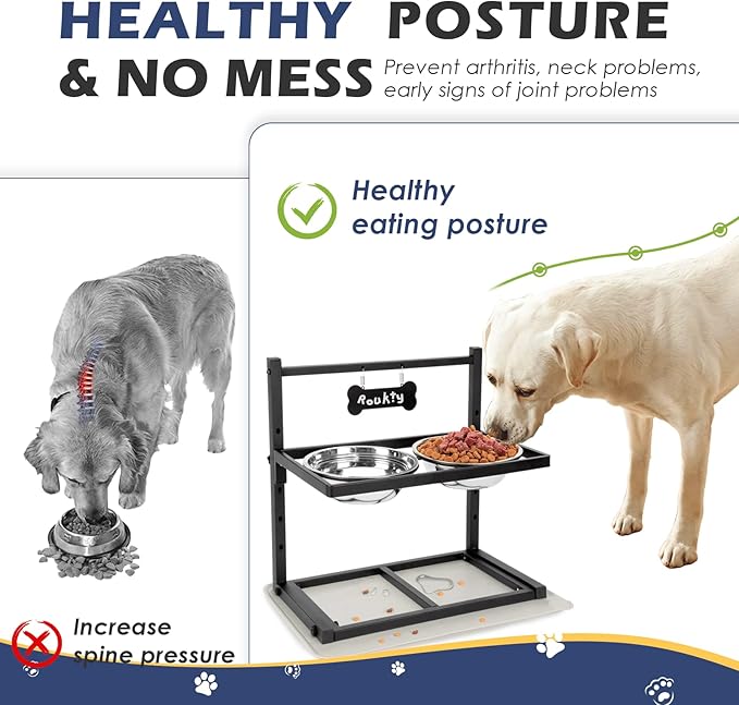 Elevated Dog Bowls with Slow Feeder, 5 Adjustable Heights, Anti-Slip, Durable Metal Frame, Spill Proof Mat, Rust-Resistant Bowls, Easy to Clean